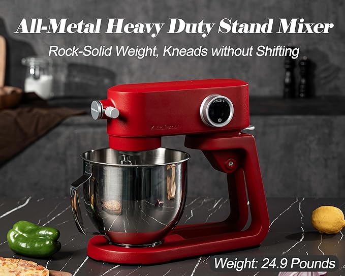 Stand Mixer Heavy Duty - All Metal Kitchen Standing Mixer 5.3 Quart with 4 Stainless Steel Attachments, DC Motor & Multifunctional Power Hub, 8-Speed & Timer, Lower Noise (Red)