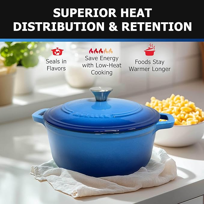 MUELLER HOME 4.5 QT Enameled Cast Iron Dutch Oven, Heavy-Duty Casserole Dish and Braiser Pan with Lid and Stainless Knob, Oven-Safe up to 500° F & Across All Cooktops, Aqua Blue