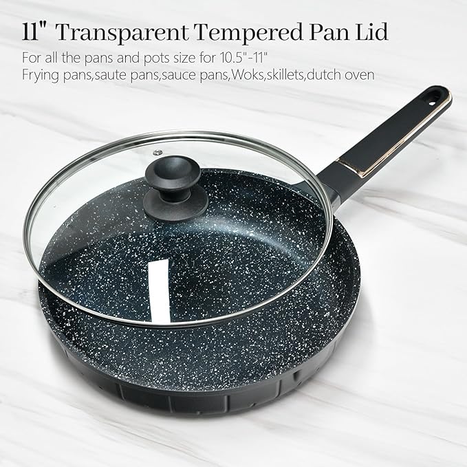 11 In Glass Lid for Frying Pan, Tempered Replacement Cover Compatible with All 11 Inches Cookware for Skillets, Round Cast Iron, Cast Aluminium, Stainless Steel Pans &Pots