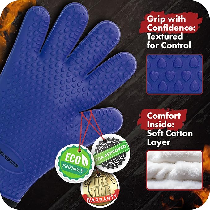 Kitchen perfection Silicone Smoker Oven Gloves - Extreme Heat Resistant BBQ Gloves - Handle Hot Food Right on Your Smoker Grill Fryer Pit | Waterproof Oven Mitts | Superior Value Set + 3 Bonuses