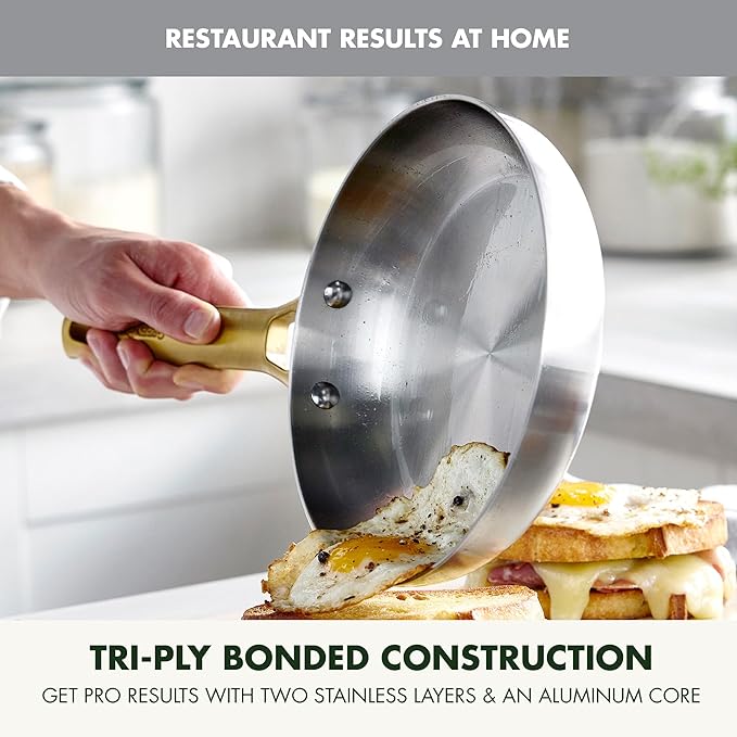 GreenPan Stainless Steel Tri-Ply Reserve 8” Frying Pan Skillet, Multiclad Cookware, Induction, Oven & Broiler Safe to 600°F, Heat Responsive Core, Dishwasher Safe, Gold Handle