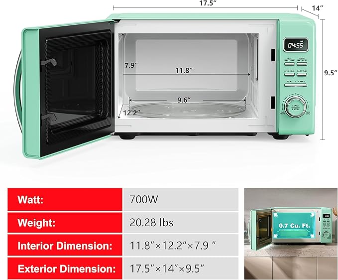 Galanz GLCMKZ07GNR07 Retro Countertop Microwave Oven with Auto Cook & Reheat, Defrost, Quick Start Functions, Easy Clean with Glass Turntable, Pull Handle.7 cu ft, Green