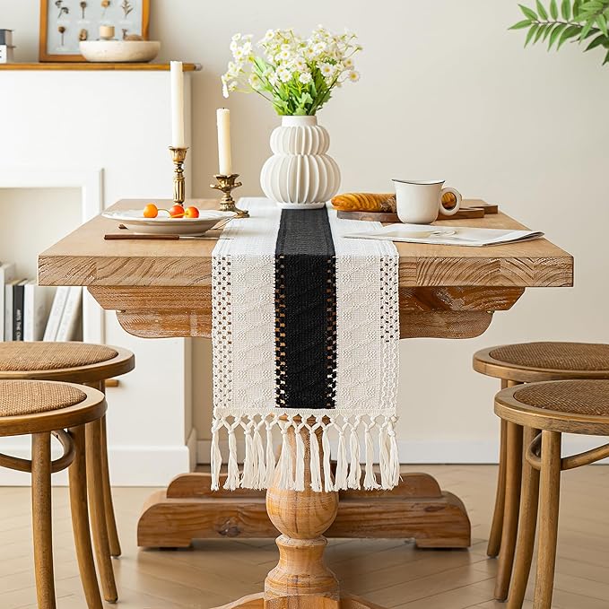 FEXIA Boho Table Runner for Home Decor with Tassels 48 Inches Long,Black Farmhouse Rustic Table Runner Macrame Burlap Table Decoration for Living Room Bridal Shower(12x48 Inches)