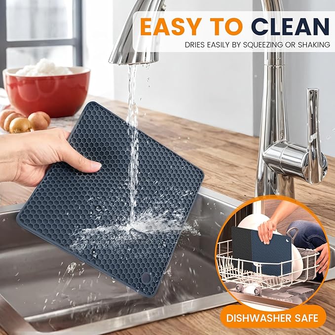 Silicone Trivet Mats 4 Heat Resistant Pot Holders Multipurpose Non-Slip Hot Pads for Kitchen Potholders, Drying mat, Jar Opener, Spoon Holder, Coaster.(Black Hidden Blue)