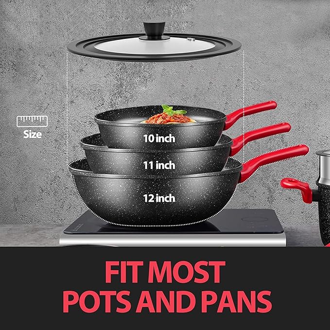 Universal Lid for Pots, Pans and Skillets - Tempered Glass with Heat Resistant Silicone Rim and Heat Resistant Handle Fits 10", 11" and 12" Diameter Cookware, Black