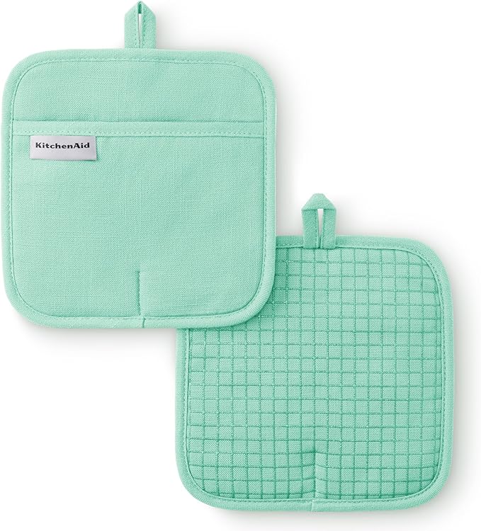 KITCHENAID Gourmet Series Gridlines Pot Holders 2-Pack Set, Heat Resistant up to 600°F, Soft Silicone Grip, Magnetic Cuff, Color of The Year, Spearmint, 8"x8"