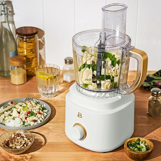 Beautiful by Drew Barrymore 10-Cup Food Processor, 500-Watts, Variable Speed, Pulse, 3" Wide Feed Tube, Stainless Steel Blades, Dishwasher Safe, Large Bowl, Accessories Included (White Icing)