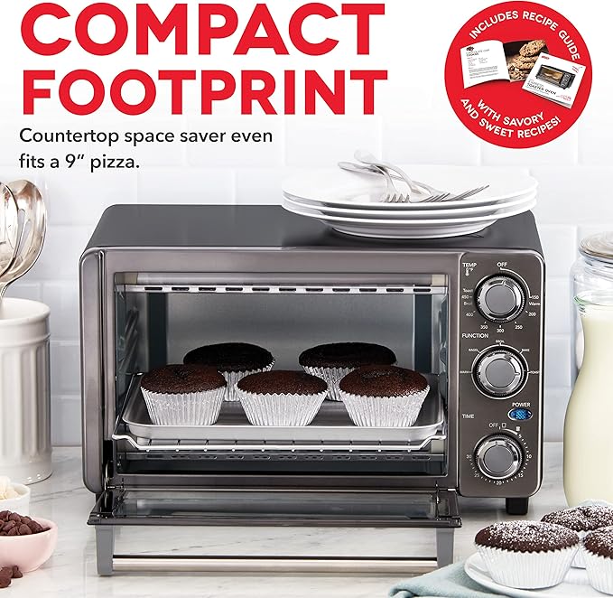 Dash Express Toaster Oven - Space-Saving Countertop Design - Versatile Use with adjustable temperature dial & Quick Heat-Up System - Dishwasher Safe Accessories - Bake, Broil & Toast - Black