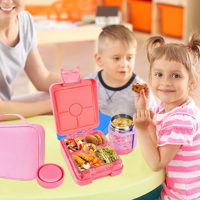 Pawtong Bento Lunch Box Set With 10oz Soup Thermo, Leak-proof Lunch Containers with 4 Compartment, Kids Hot Thermo Food Jar/Insulation Lunch Bag, Food Containers for School（Mermaid）