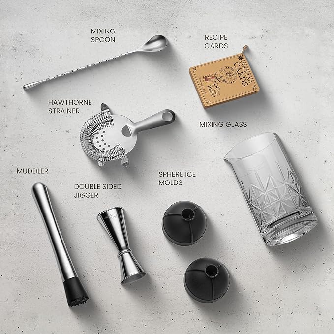 Mixology & Craft Commercial Grade Bar Mixing Glass – Includes 24oz Crystal Stirring Glass, Japanese Jigger, Bar Spoon, Muddler, and Hawthorne Strainer for Crafting Old Fashioned Cocktails at Home Bars
