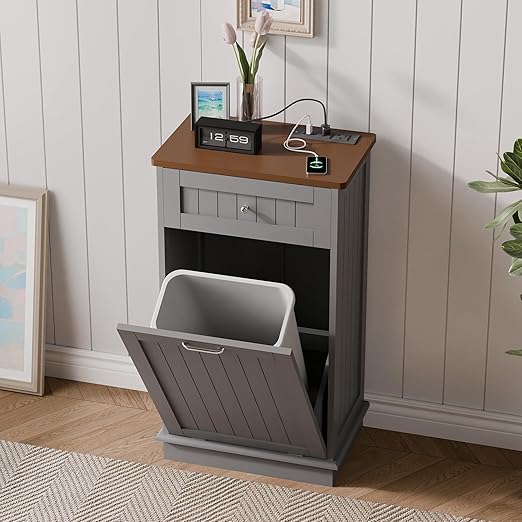 Betterhood Double Tilt Out Trash Cabinet with Power Outlet, 10 Gallon Trash Cabinet with Storage,Pet Proof Trash Can with 2 AC & USB Sockets for Kitchen,Living Room (Grey, Single Door)