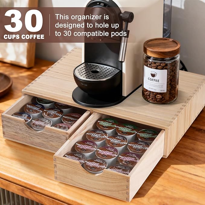 Wooden K Cup Organizer Coffee Pod Storage Box, Coffee Pod and Tea Bag Holder,Kcup Drawer Coffee Maker Stand,Home Kitchen Counter Holds Up to 30 Pods Capacity (2 Drawer) (Natural Wood Color)