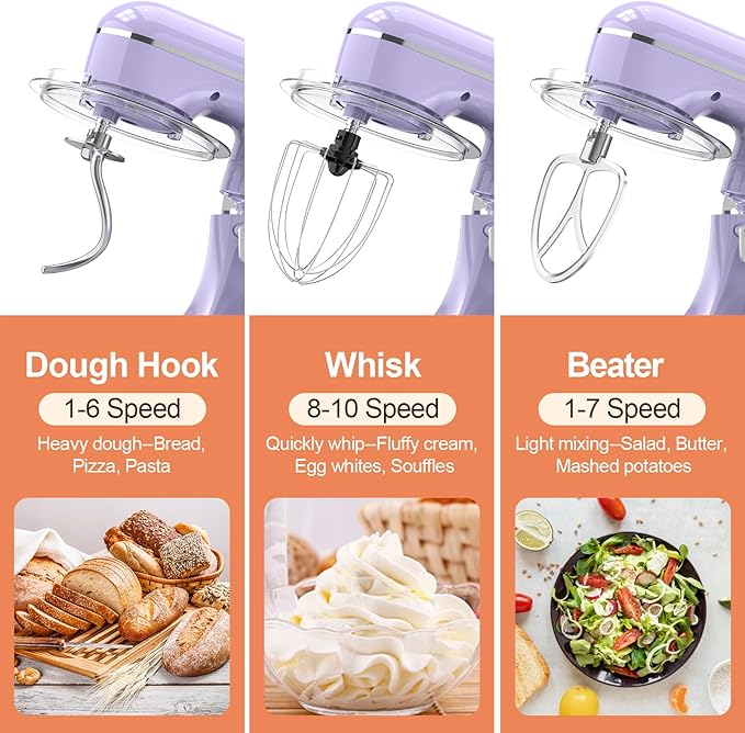 CEBORY 3-IN-1 Electric Stand Mixer, 6.5QT Bowl 660W 10-Speed Kitchen Mixer, Household Food Mixers include Dough Hook, Beater and Whisk, Bread Cake Mixer for Baking and Most Home Cooks, Purple
