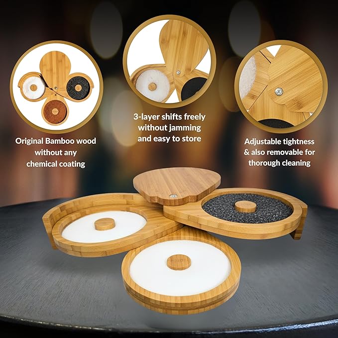 Margarita Salt Rimmer Set, 3 Tier Bamboo Rimmer for Glass Rims, Salt|Sugar|Lime Seasoning for Bloody Mary, Manhattan Tequila Cocktail Drink Accessories for Bartender/Bar (Bamboo Wood With Sponges)