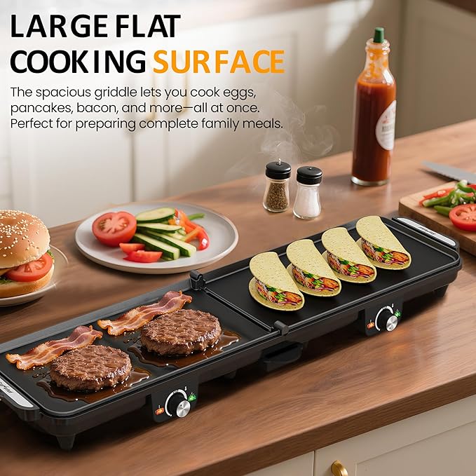 Sunvivi Large Electric Griddle 38'' x 9'', 1600W Indoor Grill with 2 Adjustable Temp Knobs, Even Heating, Nonstick Plate, Foldable Electric Grill Pan Indoor with Drip Tray, Easy to Clean