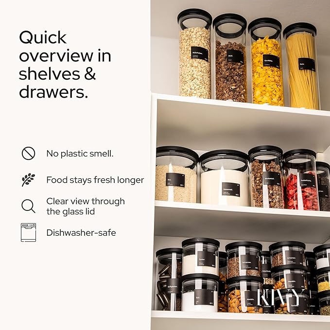 KIVY Large Glass Jar with transparent Glass Lid [100oz] Sealed glass canisters with airtight lid - Black canister - Laundry pod jar - Rice Storage jar - Flour and sugar containers - Flour Canister