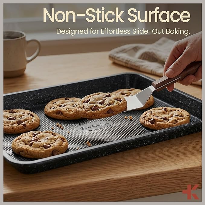BAKKEN Kitchen Baking Pans - Small, Medium, and Large Cookie Pan (13.58×9.65, 15.75×11, 17.91×12.60), Nonstick, Diamond Texture Bottom, PFOA, PFOS, PTFE Free, Oven Safe (450°F), Pack of 3, Gray Marble
