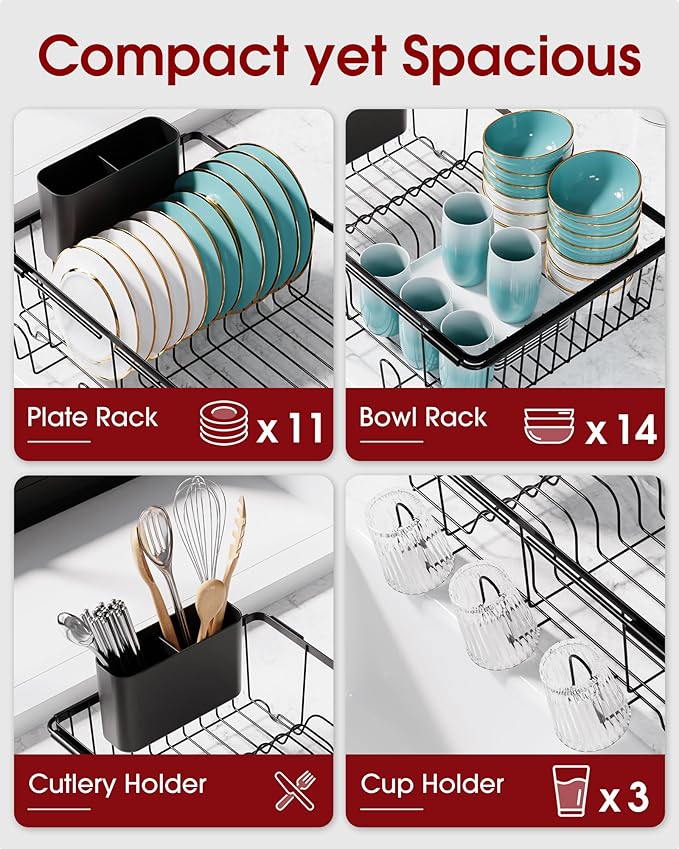 Sakugi Dish Drying Rack in Sink - Expandable Stainless Steel Dish Rack Over The Sink, Kitchen Sink Drain Strainer with Cutlery Holder & Cup Holders, 15.4 x 11.3 x 6.6 Inch, Black