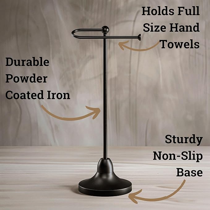 Hand Towel Holder for Bathroom Countertop - 17 Inch Tall Black Free-Standing Hand Towel Stand for Bathroom Counter - Non-Slip Base for Sink Top - Holds Full Size Handtowels, Fingertip, Washcloth