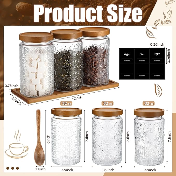 3 Pack 34 oz Glass Coffee Container with Wooden Tray Lid Spoon Labels Clear Airtight Glass Jar Food Storage Kitchen Canisters Set Decorative Coffee Bar Containers for Sugar Candy Tea Flour