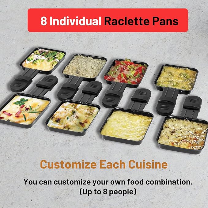 VNIMTI Raclette Table Grill, Electric Indoor Korean Barbecue Grill, Portable BBQ Tabletop Griddle, 2 in 1 Reversible Non-stick Plate, 1300W Fast Heating Crepe Maker with 8 Square Raclette Cheese Pans