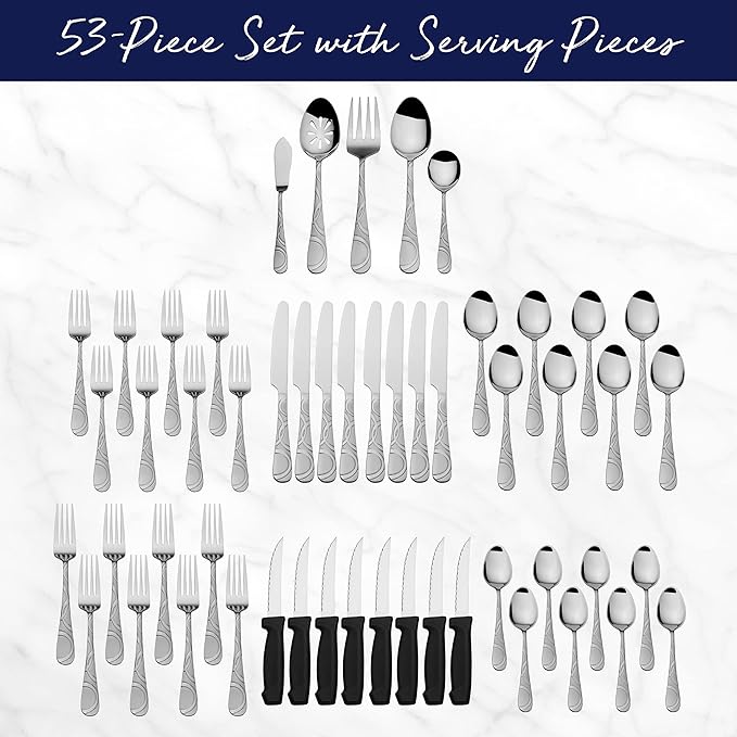 Pfaltzgraff Garland Frost Silverware Set 53-Piece, 18/0 Stainless Steel Flatware Set Service for 8 with Hostess Serving Utensils, Dishwasher Safe Cutlery Set