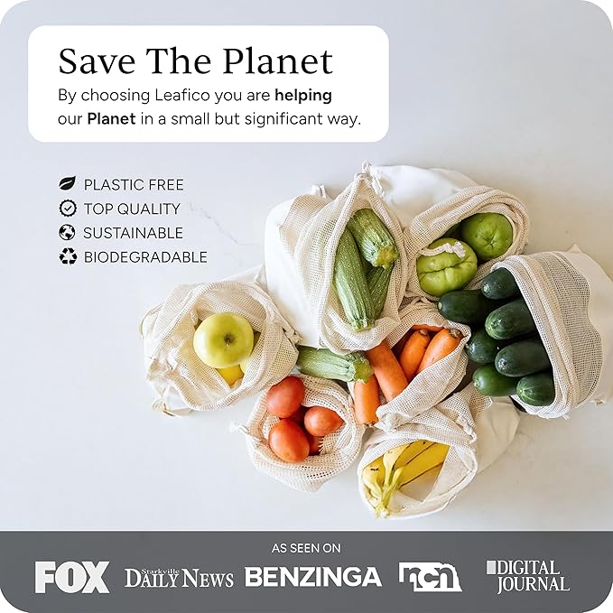 LEAFICO Reusable Produce Bags – 100% Cotton Mesh & Solid Hybrid (XL 14x18 inch 6 Pcs) – Extra Large Bags for Potatoes, Laundry, Toys, Bulk Storage – Washable, Plastic-Free, Breathable, Zero Waste