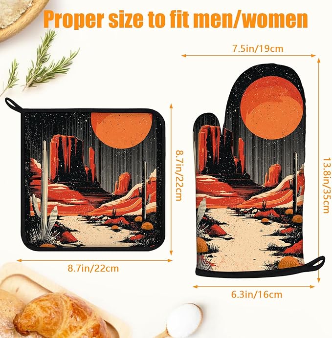 Sunset Western Oven Mitts and Pot Holders Sets 4Pcs Silicone Non-Slip Mitts Heat Resistant Gloves Hot Pads for Kitchen Cooking Baking Grilling BBQ