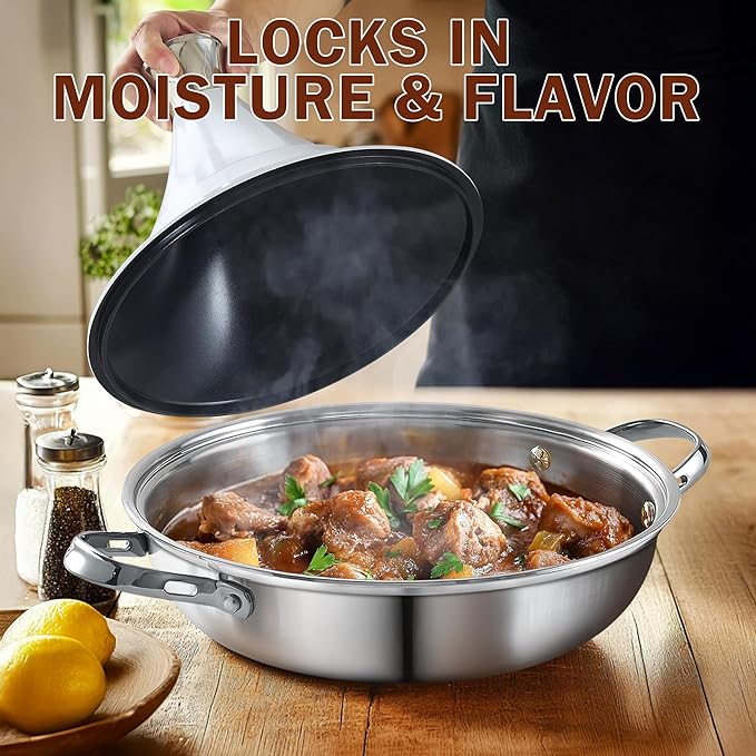 DM Tagine Pot, 11 Inch 3.6 Quart Moroccan Clay Tagine Pot Alternative, Multi-Ply Clad Stainless Steel, Traditional Cooking Pot with Die-Cast Aluminum White Conical Lid and Stainless Steel Knob