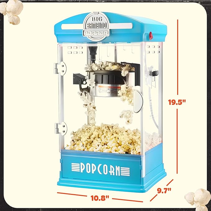 Big Bambino Popcorn Machine - Old-Fashioned Popcorn Maker with 4-Oz Kettle, Measuring Cups, Scoop, and Serving Cups by Great Northern Popcorn (Blue)