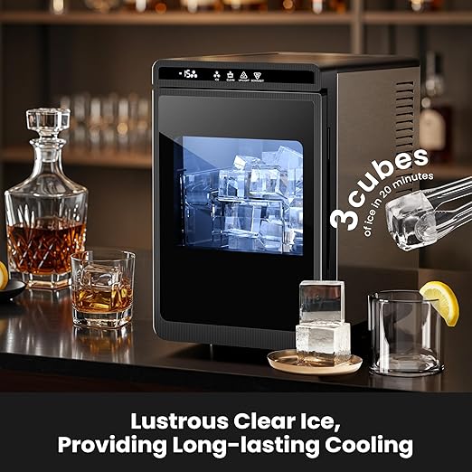 Kismile Clear Ice Cube Makers,3 Crystal Ice Cube in 20Mins, 155pcs/Day,Auto-Cleaning,Ice Makers Countertop with 5 Ice Sizes,24H Timer for Cocktails, Whiskey