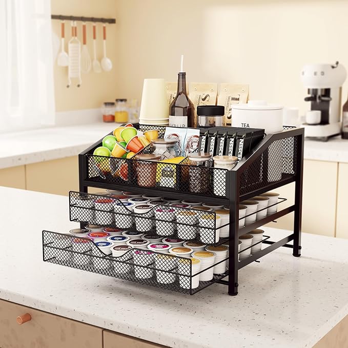 Homsorout Coffee Bar Organizer - Coffee Station for Countertop, Metal and Wood K Cup holder Storage Basket for Syrup, Cups, Stirrer, Condiment, Tea Organizer, Black