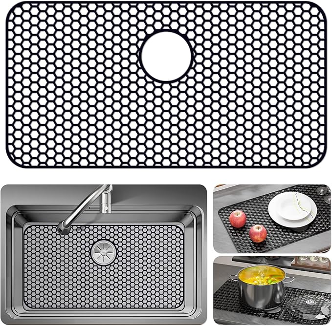 Bestjing Silicone Sink Protectors for Kitchen Sink with Rear Drain - 29.7"x 15.5" Kitchen Protector Accessory, Non-Slip Heat Resistan Mat for Bottom of Farmhouse Stainless Steel Porcelain (Black)