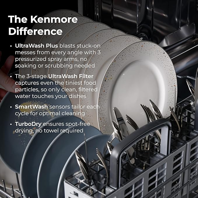 Kenmore Elite 24" Built-In Dishwasher - UltraWash Plus, TurboDry, QuietWash, SmartWash, TurboFlex Third Rack & Reach-Thru Handle - 15 Place Settings - 42 DBA - ENERGY STAR Certified - Stainless Steel
