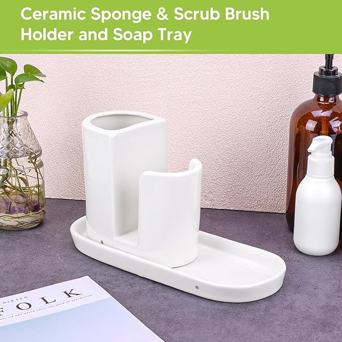 Ceramic Kitchen Sink Organizer Sponge Holder and Dish Brush Holder and Soap Tray for Kitchen Sink Organizer, White