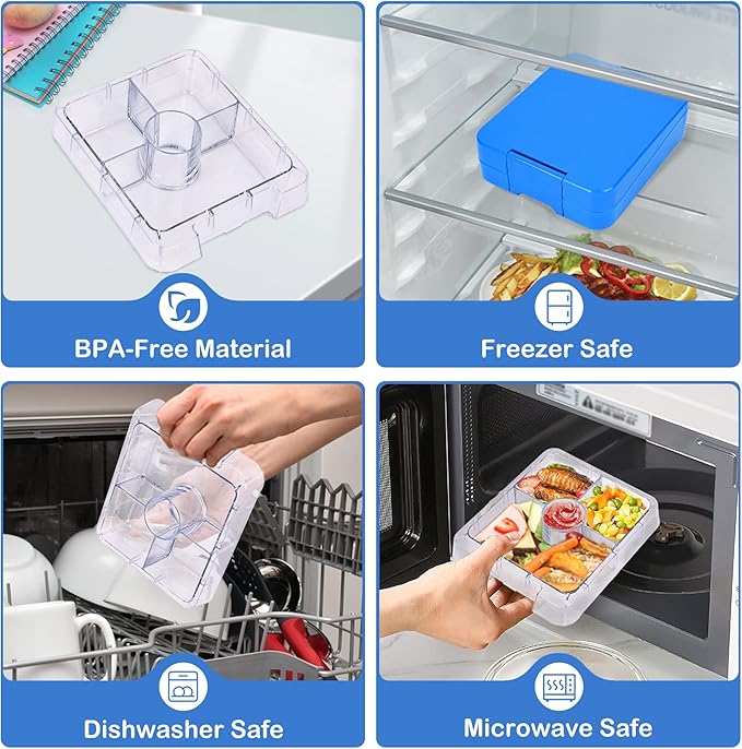 Pawtong Bento Lunch Box Set With 10oz Soup Thermo, Leak-proof Lunch Containers with 4 Compartment, Kids Hot Thermo Food Jar/Insulation Lunch Bag, Food Containers for School （Blue）