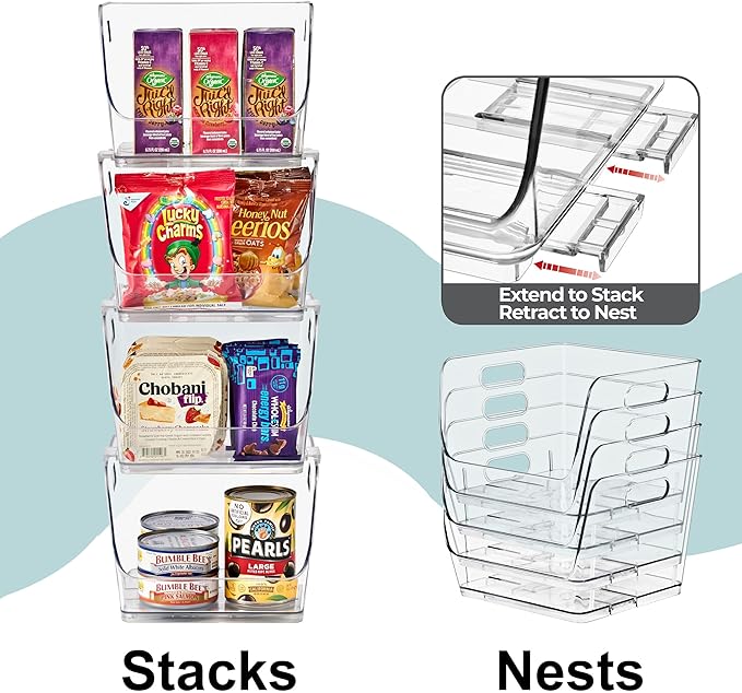 Sorbus Stackable Storage Bins Open Front, Clear Stackable Storage Bins, Pantry Bins for Storage and Organization, Acrylic Stackable Bins for Kitchen, Clear Pantry Organizer Bins (Medium Sqware 6 Pack)