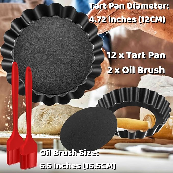 12 Pack Mini Tart Pans, 4.72 Inch Tart Pan with Removable Bottom, Mini Tart Pans for Baking Nonstick Quiche Pan Heavy Duty Fluted Side for Pies Mousse Cakes Dessert