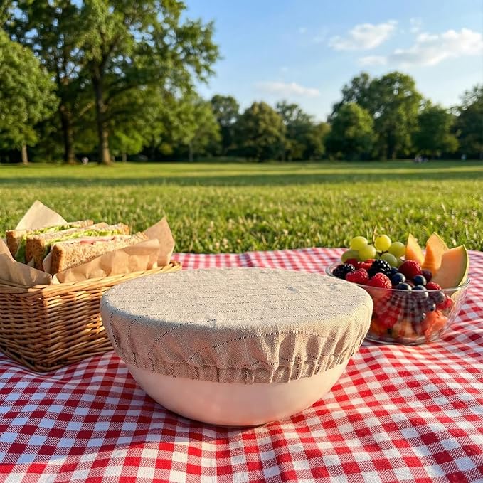100% Pure Linen Bowl Covers For Bread Proofing, 2 Pcs 8 Inches Elastic Reusable Bowl Covers Large Ticking Striped Cloth Fabric Stretch Sourdough Lids
