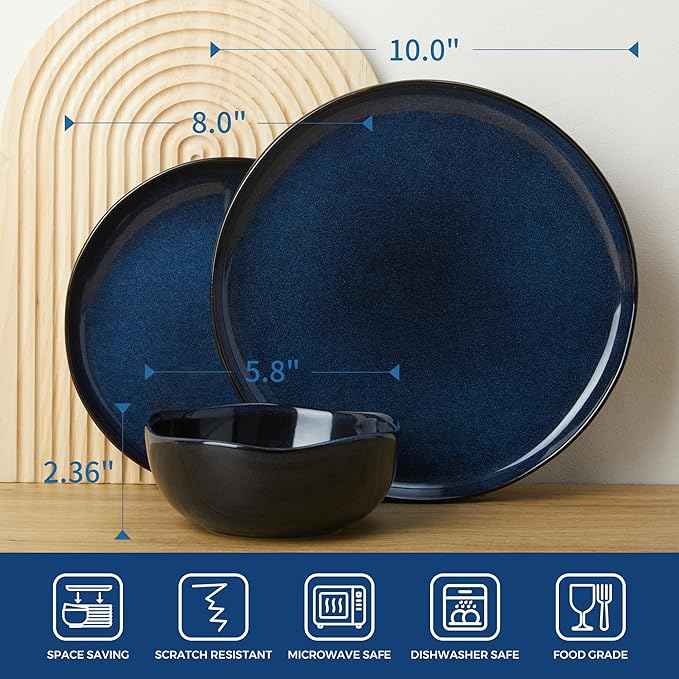 18 Piece Stoneware Dish Set for 6, Reactive Glaze Ceramic Plates and Bowls Set | Coastal‑Inspired Irregular Design for Casual Entertaining & Intimate Dinners | Dishwasher & Microwave Safe