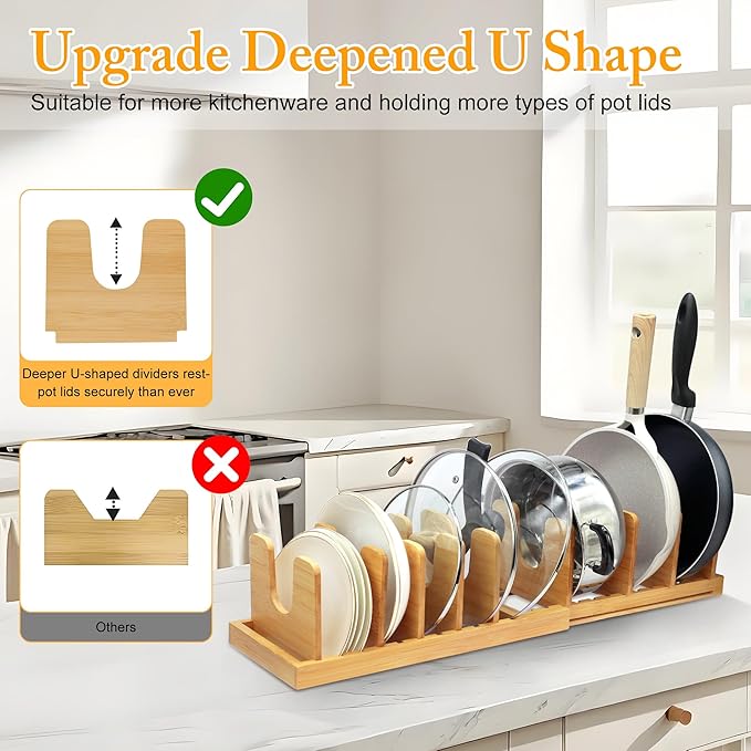 MinBoo Bamboo Expandable Pot Lid Organizer, Pot and Pan Organizer Drawer Organizer for Pot Lids, Adjustable 10 U-Shaped Dividers for Kitchen Cabinet Organizers and Storage (Bamboo-1)