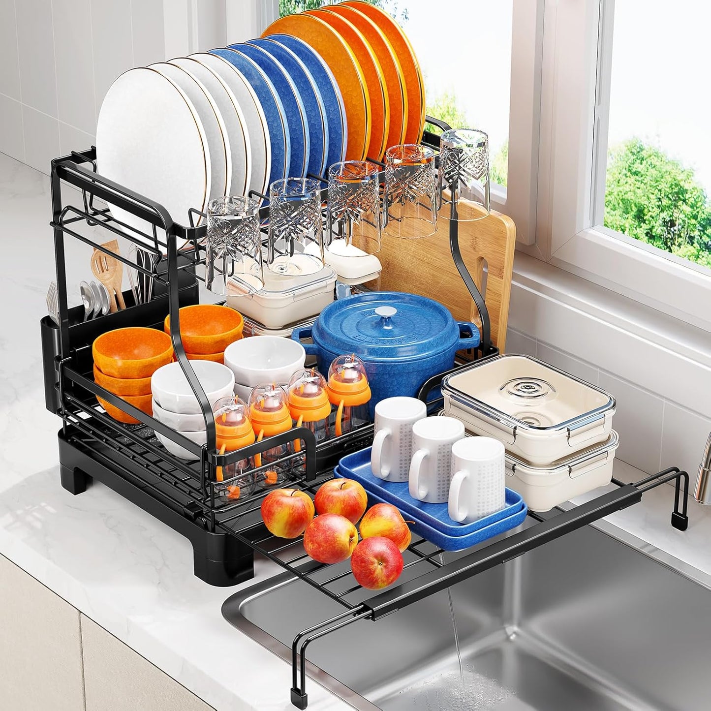 TOOLF Extendable Dish Drying Rack, 2-Tier Dish Rack for Kitchen Counter, Large Expandable Dish Drainer Over Sink, 3 in 1 Multifunction Dish Strainer with Drainboard & Cups Holder, Black