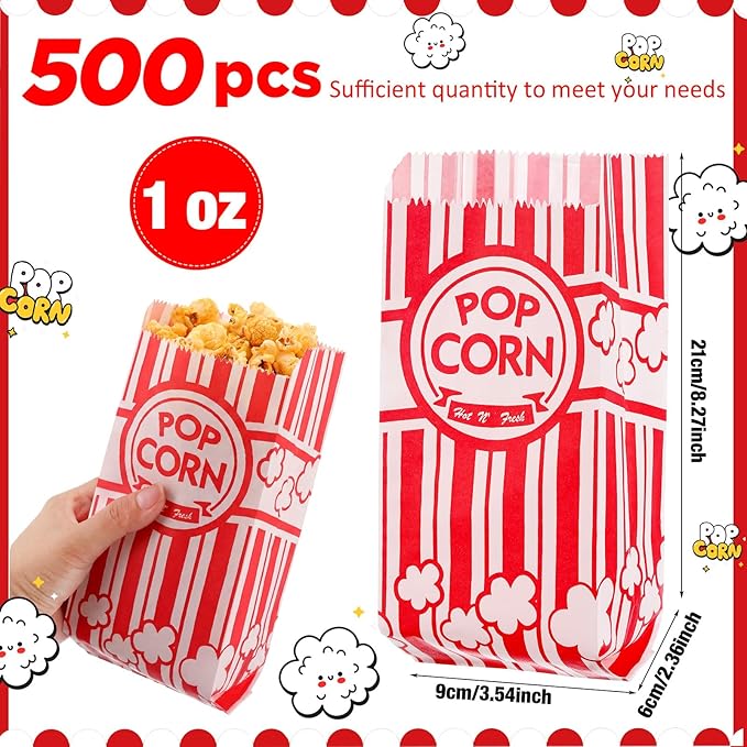 Potchen 502 Pieces Popcorn Machine Supplies Set Includes 500 Pcs 1oz Red and White Popcorn Bags Bundle Scoop and Stainless Steel Seasoning Dredge Salt Shaker for Party Movie Night Theater(Classic)