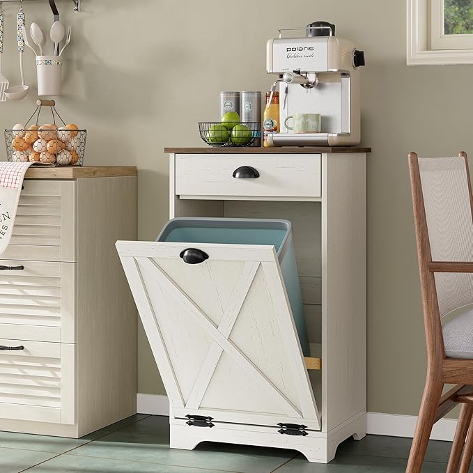 Furniouse Single Tilt Out Trash Can Cabinet with Drawer, 10 Gallon Wood Garbage Cabinet for Kitchen, Antique White