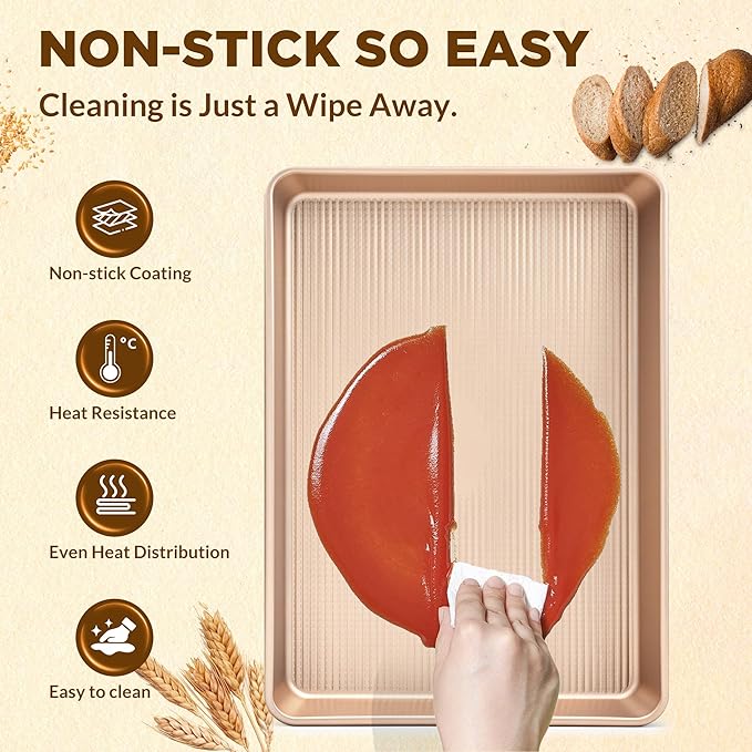 Professional Non-Stick Baking Sheets Set, 3-Piece Heavy Duty Carbon Steel Cookie Sheets with Oven Safe & Even Heating for Baking, Roasting, Cooking (Champagne Gold)