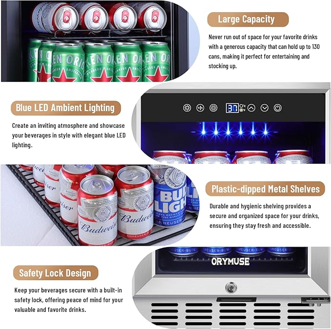 ORYMUSE 15 Inch Beverage Refrigerator, 130 Can Capacity Under Counter Fridge with Lock & Glass Door, Quiet Built-in or Freestanding Beer Cooler, Powerful Compressor for Fast Cooling