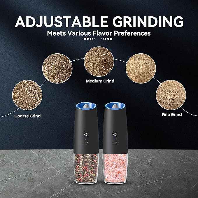 Rechargeable Electric Salt and Pepper Grinder set of 2, gravity electric salt and pepper grinder set, Adjustable Roughness, LED Light, 2 Pack, (Black)