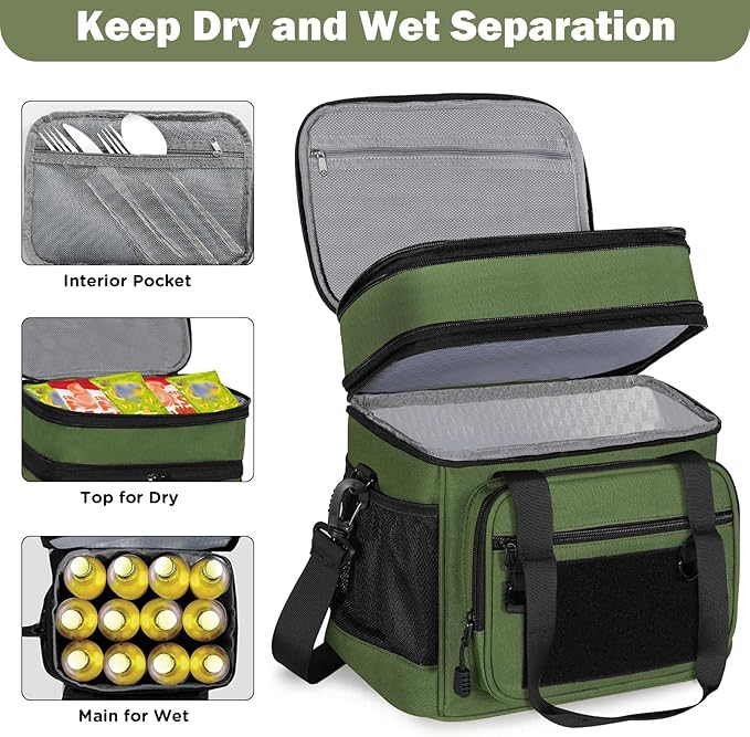 GLENKEY Tactical Lunch Box Cooler Bag - Expandable Insulated Lunch Bag for Men Women - XLarge Lunchbox for Adults Work Shifts Outdoor Trips Army Green 22L