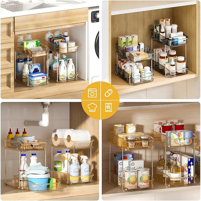 Delamu 2-Tier Under Sink Organizers and Storage, Multi-Purpose Stackable Bathroom Cabinet organizers, Pull Out Kitchen Pantry Organization and Storage with Dividers(3 Pack, Amber)