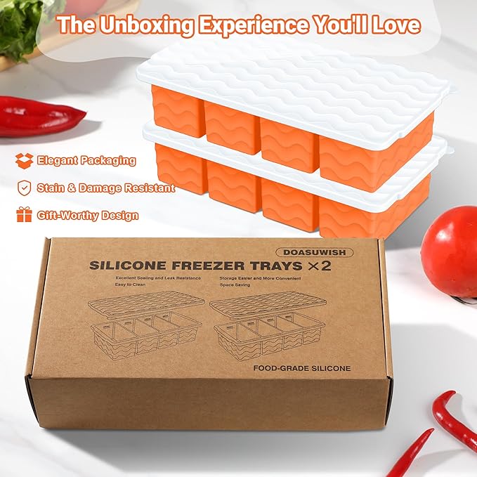 Doasuwish Silicone Freezer Tray for Soup with Lid – 1-Cup Soup Container Style Ice Cube Trays for Freezer, Meal Prep & Food Storage, Freeze 250mL/125mL Portions – 2 Pack